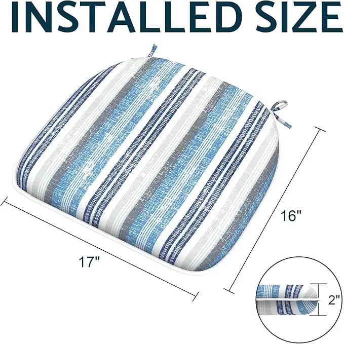Indoor/Outdoor Chair Cushions 16x17 Inch, Patio Chair Cushions with Ties, All Weather Seat Cushions for Patio Furniture Home Garden Chair Use, Set of 2, Stripe Layered Blue by GreenHaven Gardens