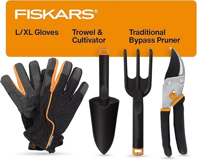 Fiskars House Plant Starter Tool Gift Set with Bypass Pruner, Trowel, Cultivator, and L/XL Garden Gloves, Accessories for Indoor Gardening (4 Piece Kit) by GreenHaven Gardens