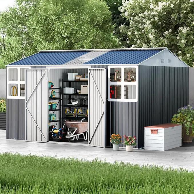 12x10 FT Metal Sheds & Outdoor Storage: Heavy Duty Garden Sheds with Dual Transparent Panels, 2x4-Pane Windows & Hinged Double Doors, Weatherproof Tool Shed for Backyard, Garden, Patio, Grey/White by GreenHaven Gardens