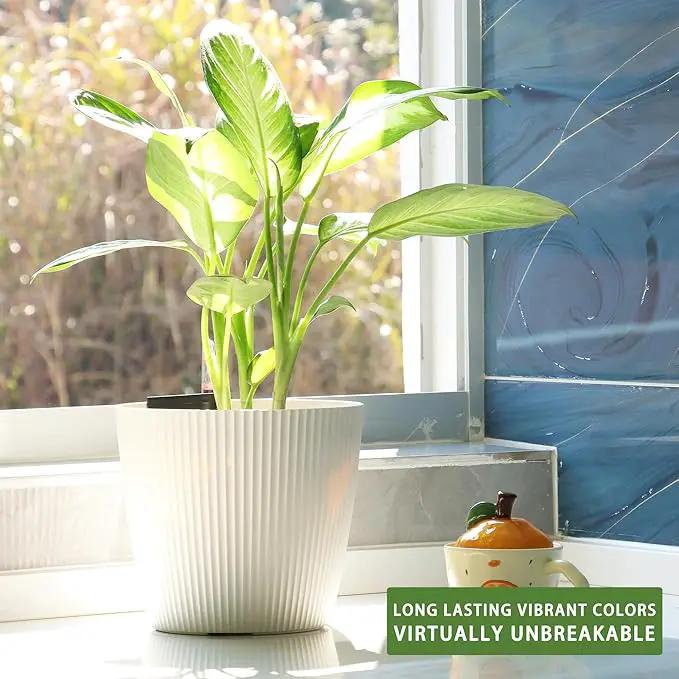Dexceder 11x10 Self Watering Planters Indoor, Inner Mat Design, Table Flower Plant Pot with Water Level Indicator (2 Pack, White) by GreenHaven Gardens