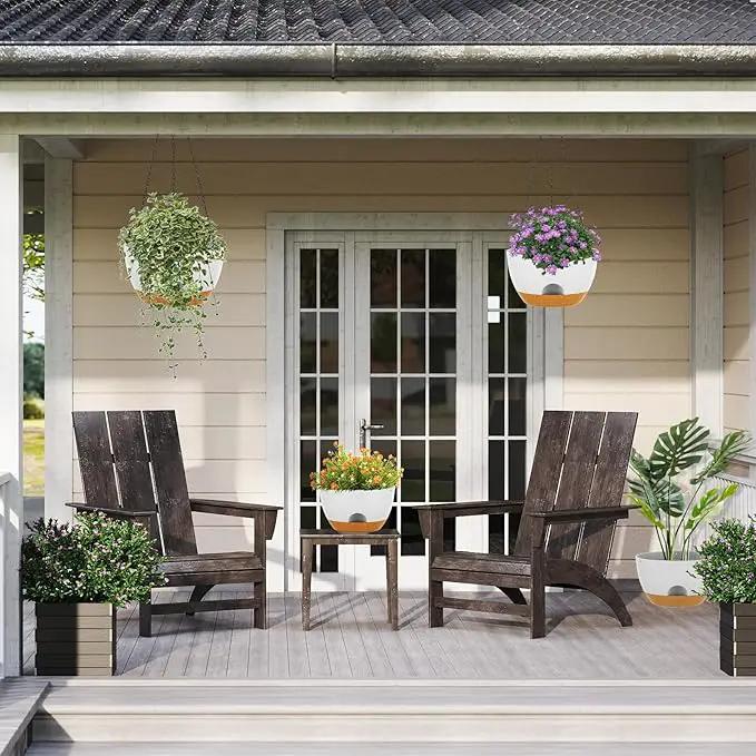 12 Inch Hanging Baskets 2 PC with Chains, Self-Watering Hanging Planters for Indoor Outdoor Plants, Plastic Hanging Flower Pots,White Brown by GreenHaven Gardens