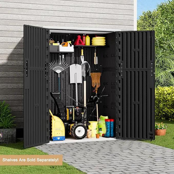 KINYING Outdoor Vertical Storage Shed,57 Cu.ft Outdoor Storage Cabinet Waterproof,Resin Sheds & Outdoor Storage Clearance for Garden,Patio,Backyard,Lockable (Black)