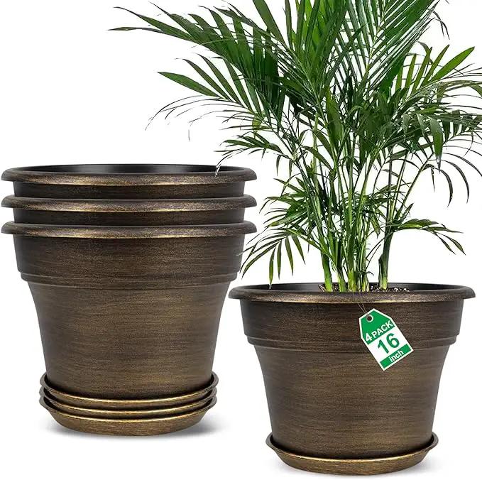 16 inch Plant Pots Outdoor Planters，4 Pack Large Plastic Flower Pot for Indoor Plants with Drainage Holes & Saucer, Resin Decorative Container Sets with Trays for House Outdoor Garden Plant Dark Gold by GreenHaven Gardens
