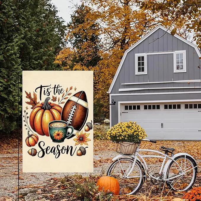Tis the Season Fall Garden Flag Autumn Football Pumpkin Garden Flag 12x18 inch Double Sided Fall Thanksgiving Flags for Yard Home Porch Lawn (Flay 1804) by GreenHaven Gardens