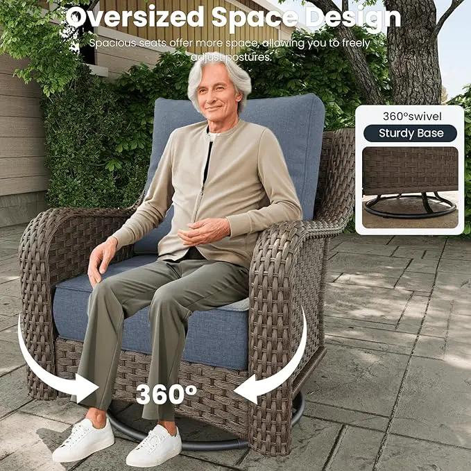 6 Pieces Outdoor Patio Furniture Sets with Rocking Swivel Chairs with 6-inch Thick Cushion and Side Table for Deck Lawn by GreenHaven Gardens
