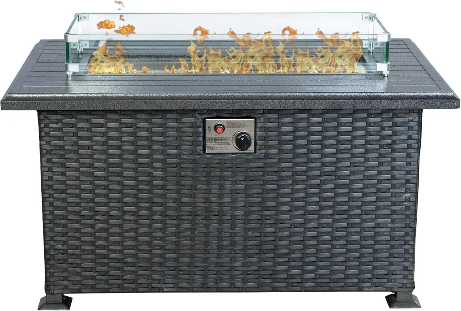 Kozyard Outdoor Patio Propane Gas Fire Pit Table - 50,000 BTU Wicker Design with Aluminum Tabletop, Glass Wind Guard, Clear Glass Rocks, and Slide Out Tank Holder - Ideal Patio Fire Table (Gray) by GreenHaven Gardens