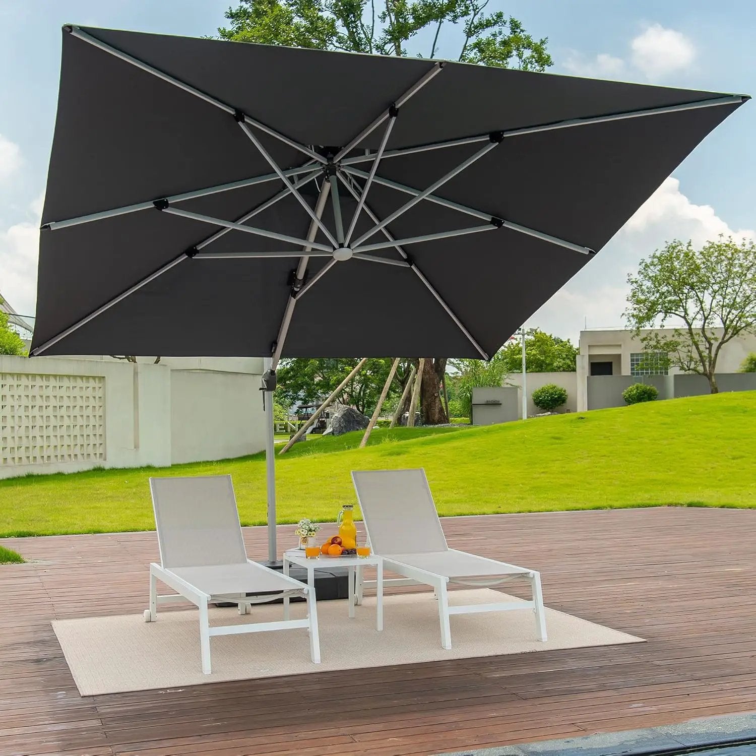 PURPLE LEAF 9' X 12' Double Top Deluxe Solar Powered LED Rectangle Patio Umbrella Offset Hanging Umbrella Outdoor Market Umbrella Garden Umbrella, Grey by GreenHaven Gardens