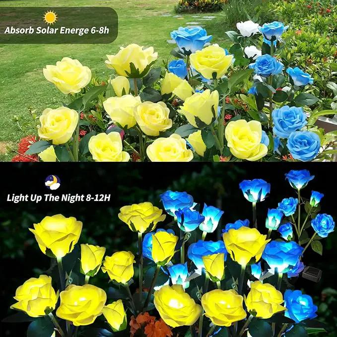Solar Garden Lights - Realistic 20 Rose Waterproof Solar Flowers for Outside Patio Yard Pathway & Christmas Decorations, Blue & Yellow by GreenHaven Gardens