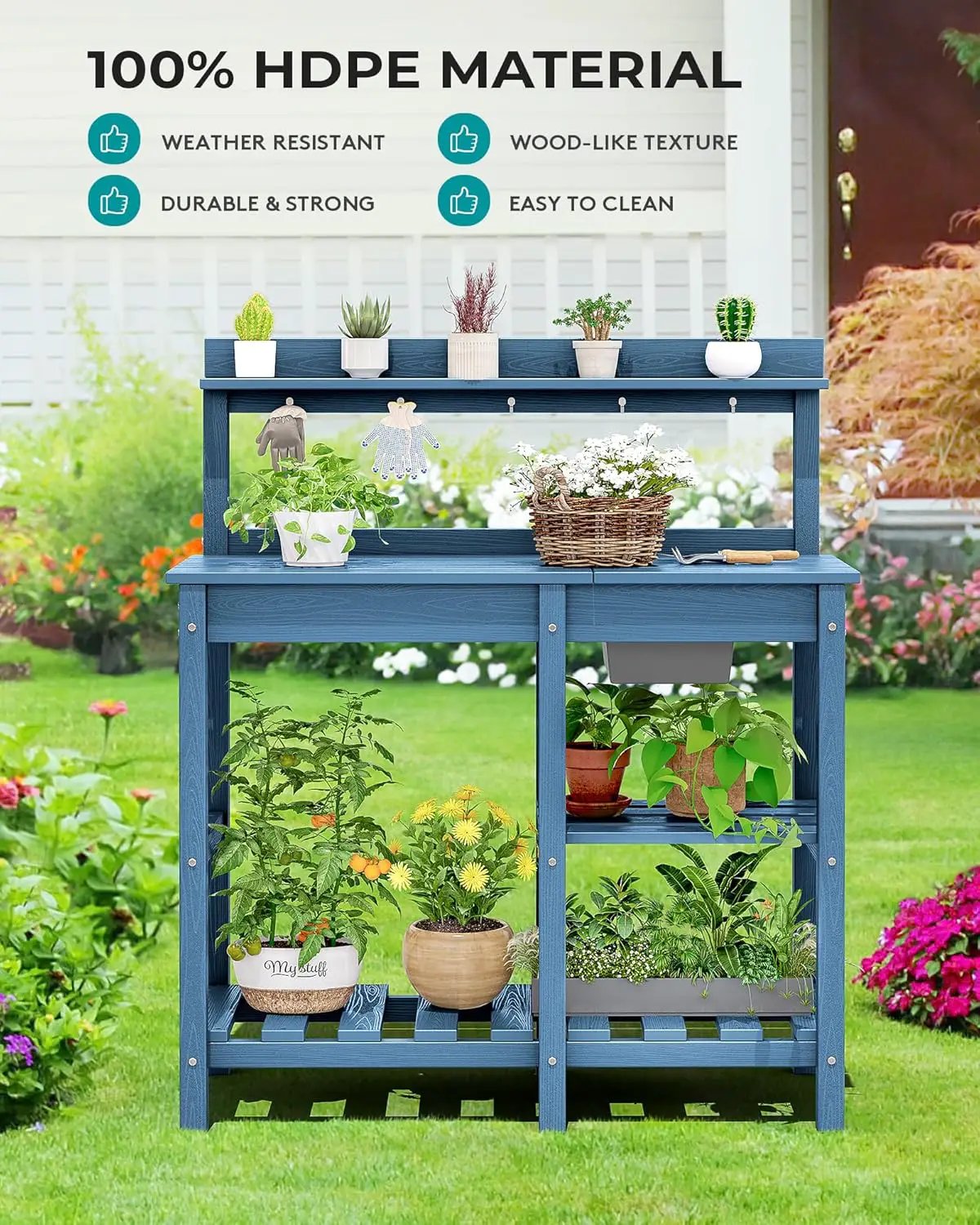 SERWALL Potting Table Set of 2 for Outside All Weather Use- Blue by GreenHaven Gardens