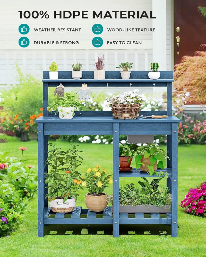 SERWALL Potting Table Set of 2 for Outside All Weather Use- Blue by GreenHaven Gardens