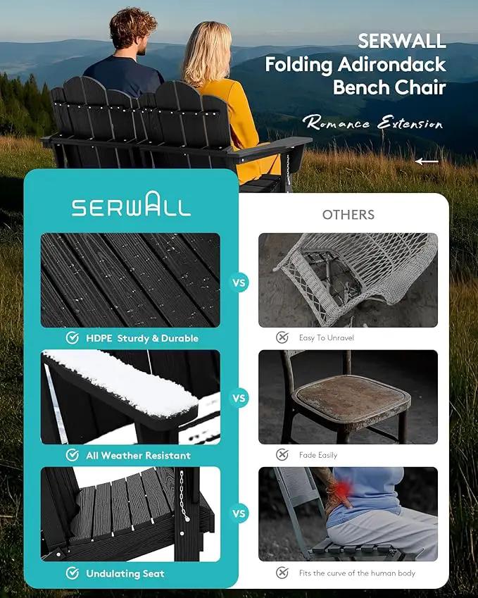 SERWALL 2 Person Adirondack Loveseat, HDPE All-Weather Folding Adirondack Bench Chair, Outdoor Adirondack Chair Set of 4, Black by GreenHaven Gardens