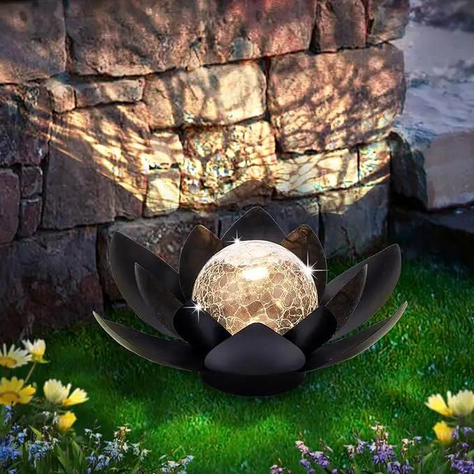 Huaxu Solar Lights Outdoor Garden Decor Metal Black Lotus Decoration, Crackle Globe Glass Waterproof LED Outside Table Lamp for Patio,Lawn, Yard,Walkway,Tabletop,Ground Gifts for Mom by GreenHaven Gardens