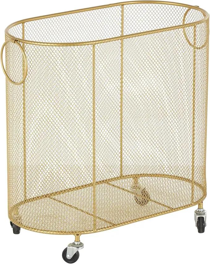Deco 79 Metal Storage Cart Oval Mesh Wire Rolling Laundry with Ring Handles, 21" x 12" x 21", Gold by GreenHaven Gardens