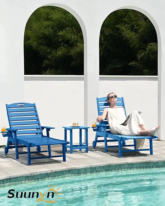 Lounge Chair Outdoor Set of 4 with Wheels, Adjustable 6-Position Chaise Lounge Outdoor, Patio Lounge Chair for Poolside Backyard, Navy Blue by GreenHaven Gardens