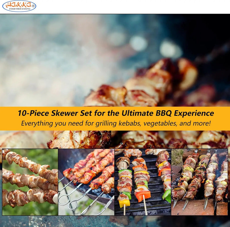 Hakka Stainless Steel Barbecue Skewers, 23" Heavy Duty Metal Skewers Large Wide Grilling Reusable Kabob Sticks with NonSlip Ring Handle,Set of 10 by GreenHaven Gardens