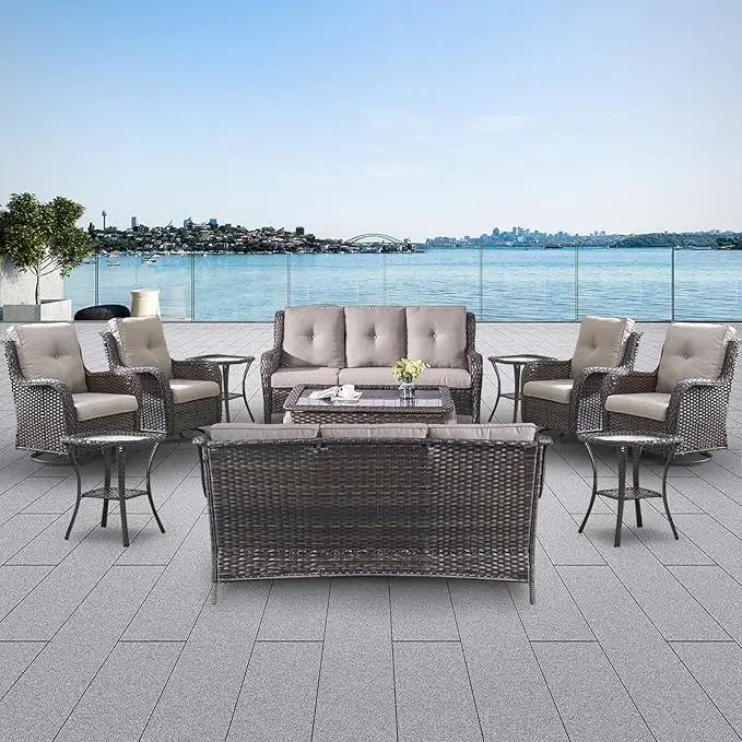 Wicker Patio Furniture Sets - 13 Piece Outdoor Rattan Furniture Conversation Sets with 4 Swivel Rocker Chairs, 2 Rattan Sofas, Wicker Ottomans and Coffee Table, Brown/Grey by GreenHaven Gardens