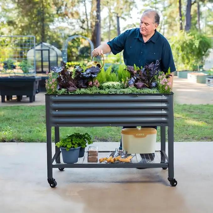 Rolling Elevated Raised Garden Bed-V Series, 2' x 4' Garden Beds with Legs & Storage Rack for Patio & Porch, 700 Lbs Weight Capacity, Outdoor Planter Box for Vegetables Flower Herbs, Modern Gray by GreenHaven Gardens