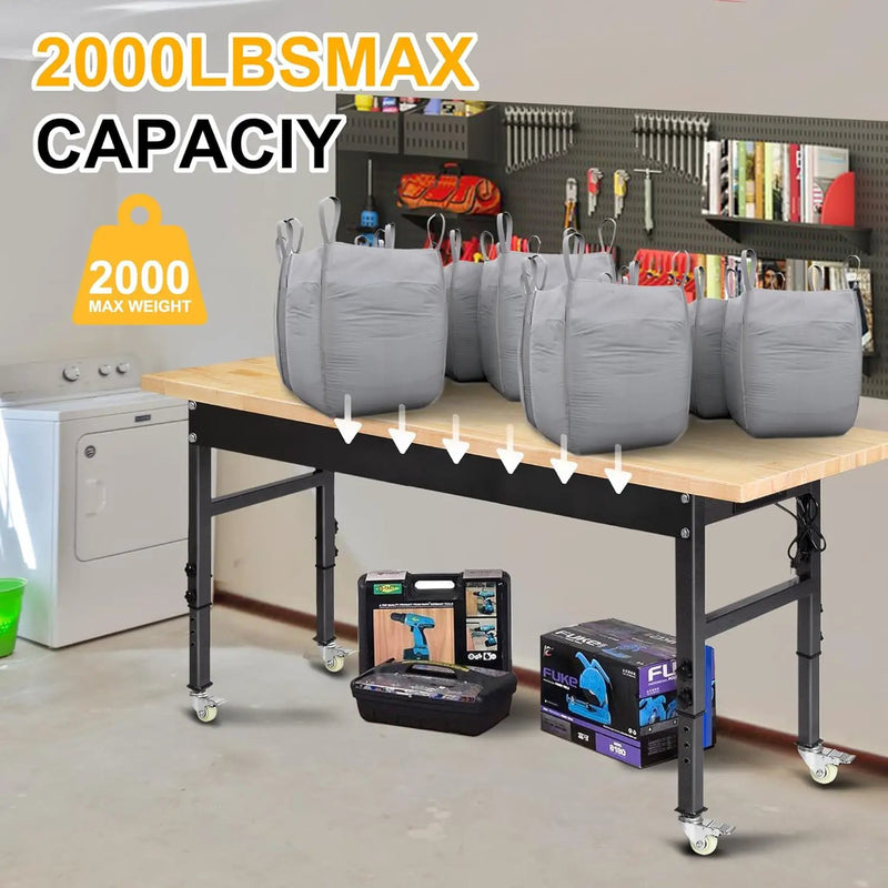 70'' Adjustable Workbench, Rubber Wood Top Work Bench Heavy-Duty Work Table with Socket, Wheels and Fixed Legs 2000 LBS Load Capacity Hardwood Sewing Table for Garage, Workshop, Home, Office by GreenHaven Gardens
