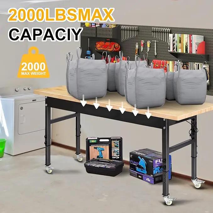 60" Adjustable Work Bench, Rubber Wood Top Workbench Heavy-Duty Work Table with Power Outlet with Wheels, 2000 LBS Load Capacity Hardwood Work Benches for Garage, Workshop, Home, Office, Easy Assembly by GreenHaven Gardens