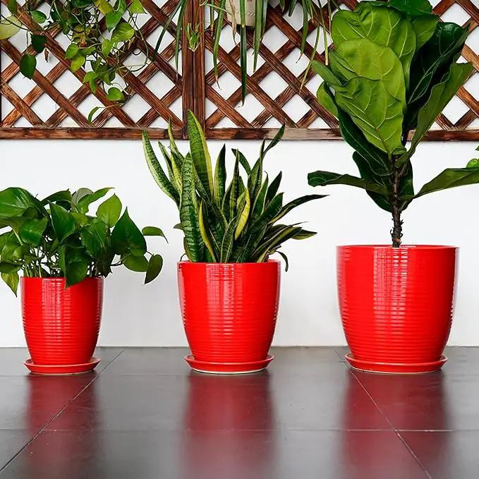 Ceramic Planter 10 Inch - Ceramic Pot for Plants Large Plant Pot Indoor with Drainage Hole and Saucer Round Outdoor Planter Modern Flower Pot for Garden House Red by GreenHaven Gardens