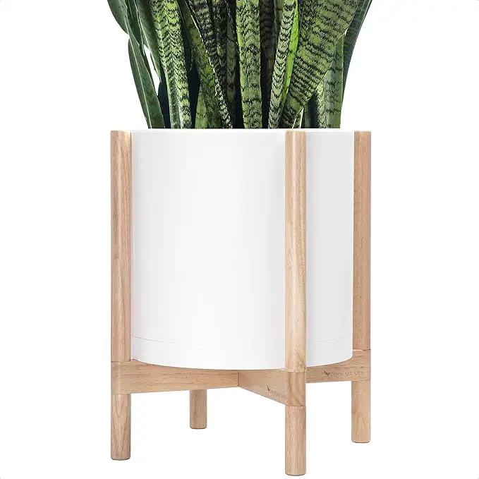 D'vine Dev Planter Pot with Stand - 14 Inch Plastic Cylinder Flower Pot with Wood Planter Holder for Indoor, Matte White Pot + Natural Stand, 55-C-S-1 by GreenHaven Gardens