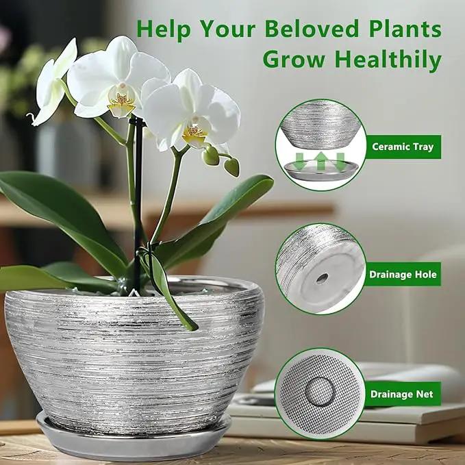 Flower Pot for Indoor Plants - Ceramic Planter 11 Inch Plant Pot with Drainage Hole and Saucer Large Decorative Planter Outdoor Mid-Century Planter for House Decor Silver by GreenHaven Gardens