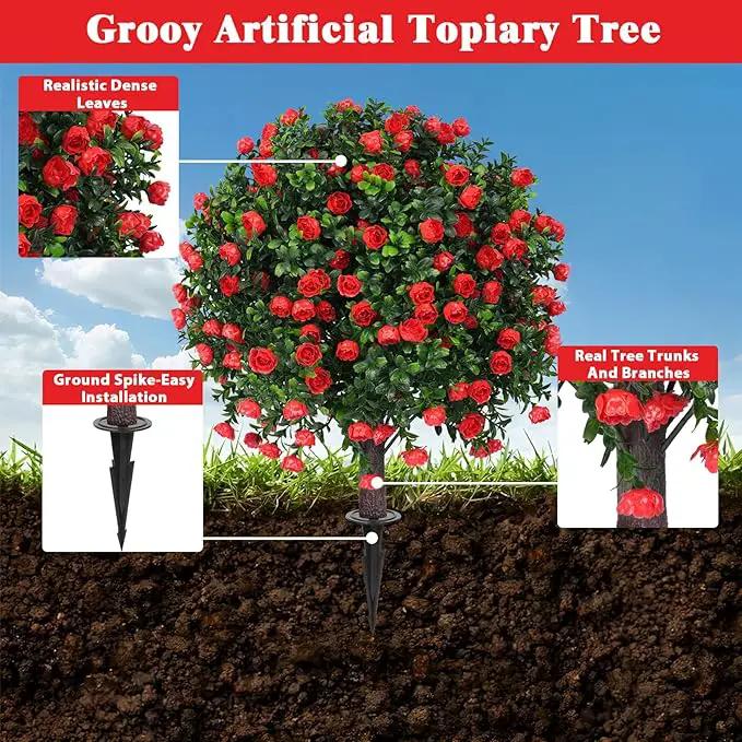 Artificial Boxwood Topiary Tree with Rose, Set of 2 Artificial Shrub Bushes with Ground Spike, Fake Evergreen Tree for Porch, Artificial Plants for Outdoor Planters Indoor UV Resistant by GreenHaven Gardens