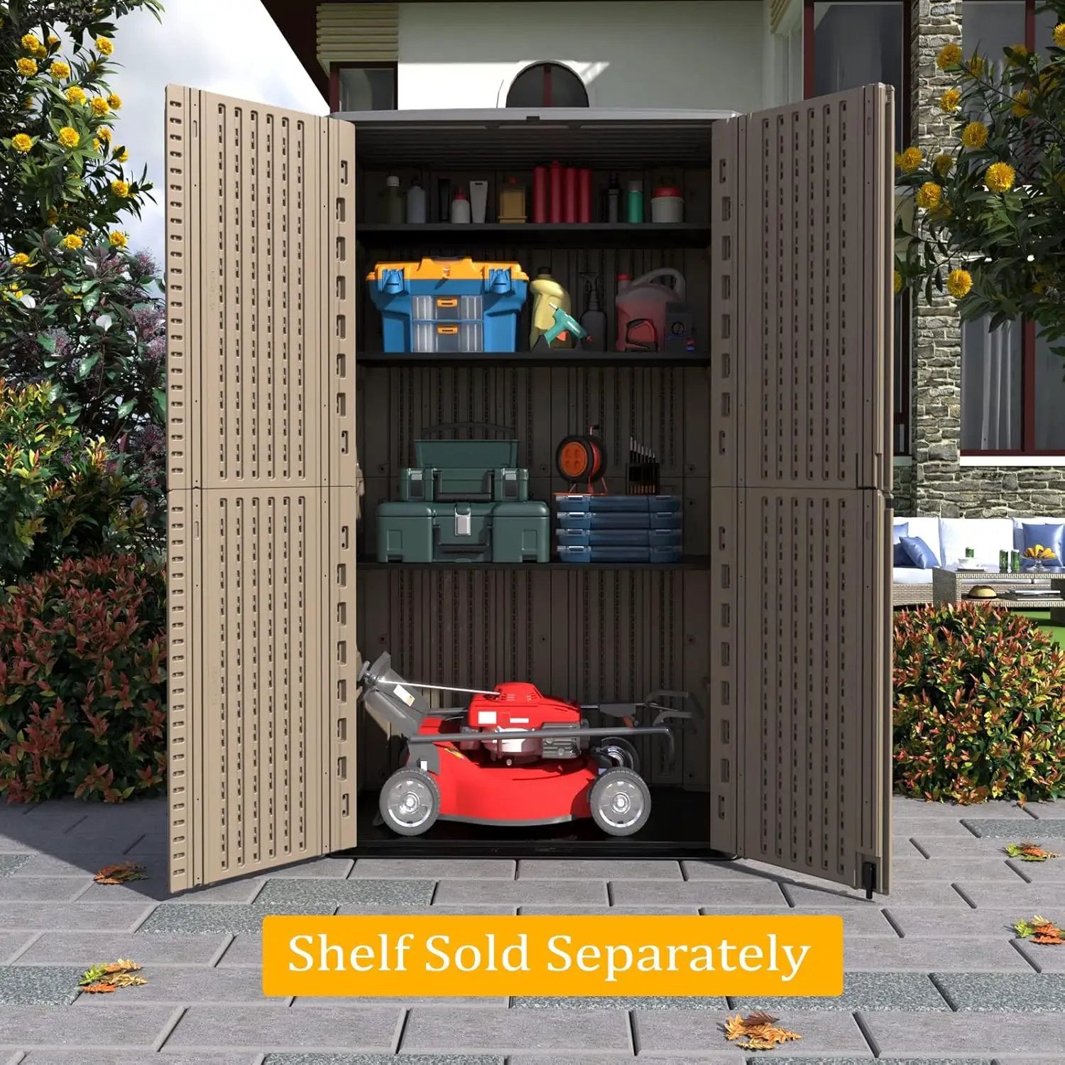 HOMSPARK Storage Shed Weather Resistance, Multi-Purpose Outdoor Storage Cabinet Waterproof, Outdoor Storage Cabinet for Garbage Cans, Lawnmower, Garden Accessories (Coffee, Tall shed-53 cu ft) by GreenHaven Gardens
