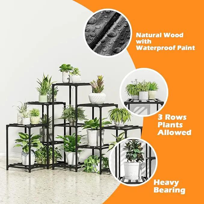 Bamworld Outdoor Plant Stand Indoor Black Corner Shelf 5-Tier 11 Potted Flower Shelves Wooden Garden Wood Plant Holder Rack for Living Room Lawn Window by GreenHaven Gardens