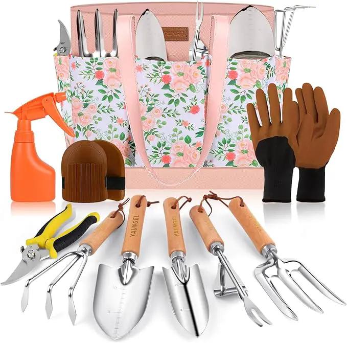 Gardening Tools - YAUNGEL 10 Pcs Garden Tool Set, Heavy Duty Stainless Steel Gardening Supplies Hand Tools with Wooden Handle, Storage Tote Bag, Ideal Gardening Gifts for Women and Men, Pink by GreenHaven Gardens