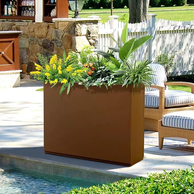 FENCY Metal Rectangular Planter Box for Outdoor - Large Planters with Drainage Holes (35.4" L x 9" W x 25.6" H, Brown) by GreenHaven Gardens