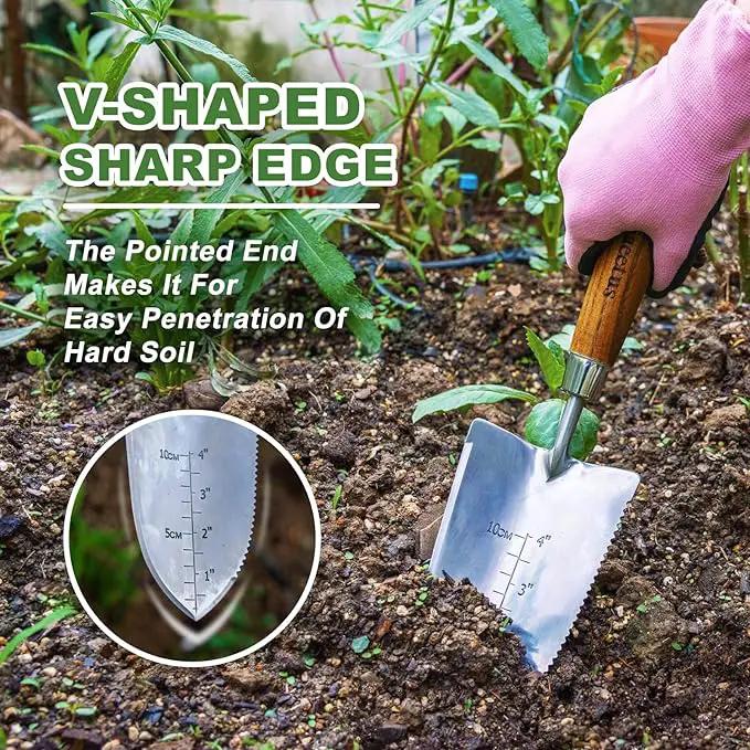 Haliaeetus Garden Trowel with Serrated Edge, 4'' Depth Marks Planting Shovel, V-Shaped Sharp Edge Garden Tool, Stainless Steel with Comfortable Wood Handle for Planting and Weeding by GreenHaven Gardens