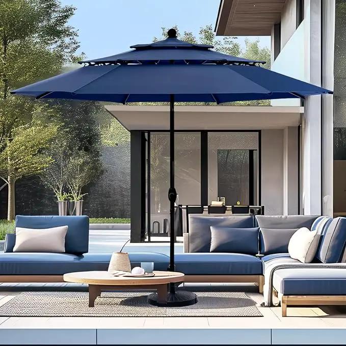 PHI VILLA 10ft Outdoor Patio Umbrellas for Outside, 3 Tier Vented Market Table Umbrella Windproof for Backyard, Deck, Garden, 1.5" Pole, Dark Blue（No Base） by GreenHaven Gardens