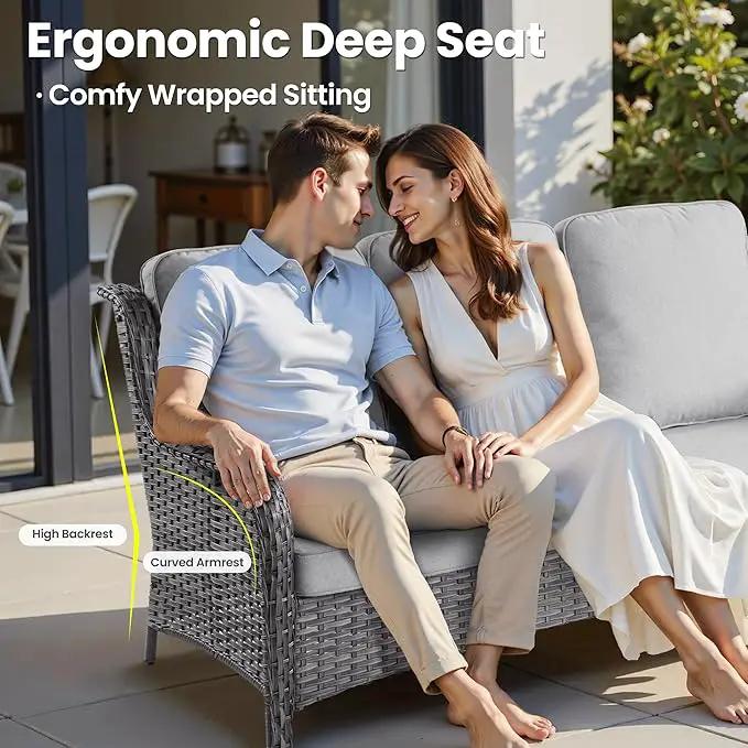 ovios 5 Pieces Patio Furniture Set with 42" Fire Pit Table, Outdoor Wicker Sofa with Loveseat, Comfy Cushions, High Back Couch Conversation Set, Grey Rattan, Grey by GreenHaven Gardens