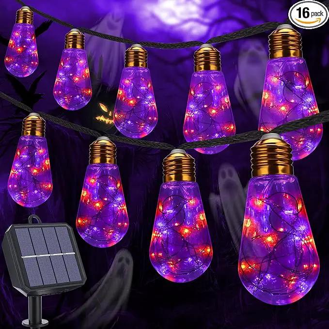 Orange & Purple Solar Halloween Lights Outdoor, 20Ft Black Hemp Rope Halloween String Lights, Waterproof Orange Purple Lights with 8 Modes 16 Shatterproof Bulbs for Patio, Yard, Party, Halloween Decor by GreenHaven Gardens
