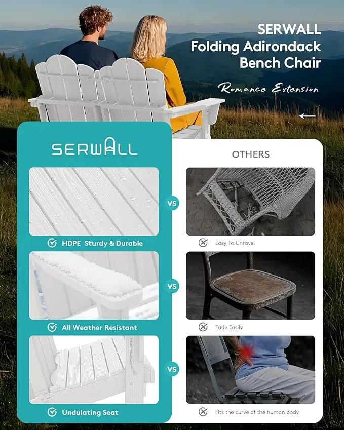 SERWALL Folding Adirondack Bench, HDPE All-Weather Adirondack Loveseat, 660 lbs Capacity, Foldable Outdoor Patio Bench for Deck, Lawn, Garden, White by GreenHaven Gardens