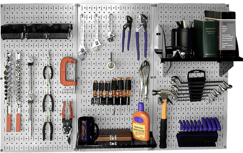 Wall Control 30-WRK-400GB Standard Workbench Metal Pegboard Tool Organizer, Gray/Black & Pegboard Paper Towel Holder and Dowel Rod Shelf Assembly for Slotted Tool Board Black by GreenHaven Gardens