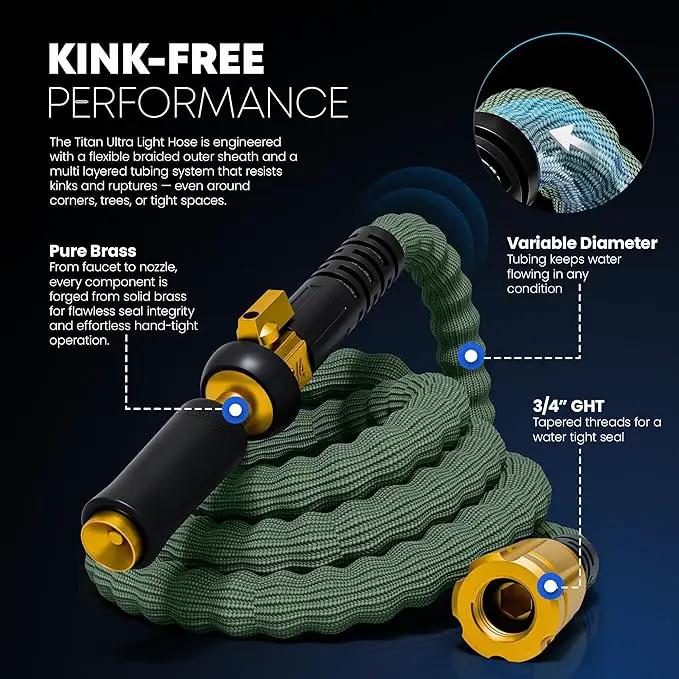 TITAN Flexible Garden Hose 10FT – Ultra Lightweight, Heavy Duty Water Hose with Brass Fittings & Jet Nozzle – Kink-Free, Non-Expanding, Durable Fabric Hose for Yard, Lawn, Car Wash, Outdoor Use by GreenHaven Gardens