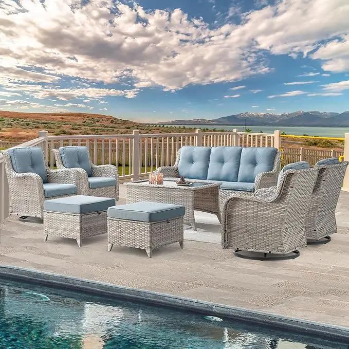 Wicker Patio Furniture Sets - 8 Piece Outdoor Rattan Furniture Conversation Sets with 4 Swivel Rocker Chairs, Rattan Sofa, Wicker Ottomans and Coffee Table, Light Grey/Baby Blue by GreenHaven Gardens