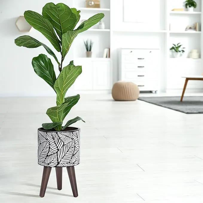 D'vine Dev 8 Inch Planter Pot with Stand, Mid-Century Tall Plant Pot with Legs for Indoor Plants, Small, White/Grey, 88-L-A-7 by GreenHaven Gardens