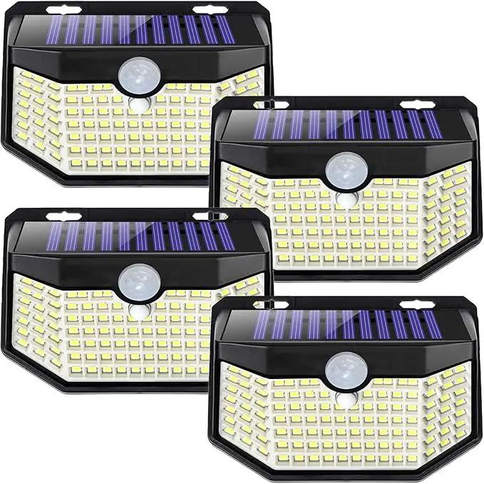 HMCITY 120 LED Outdoor Solar Lights with Motion Sensor and 3 Lighting Modes, IP65 Waterproof Wide Solar Wall Lights Ideal for Garden Patio Yard (Front Button 4Packs, Daylight White) by GreenHaven Gardens