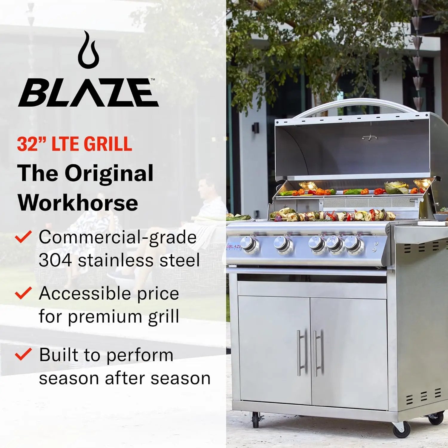 Blaze Premium LTE Built-in Propane Gas Grill | 40-Inch 5-Burner BBQ with Rear Infrared Burner & Grill Lights | 304 Stainless Steel Construction BLZ-5LTE2-LP by GreenHaven Gardens