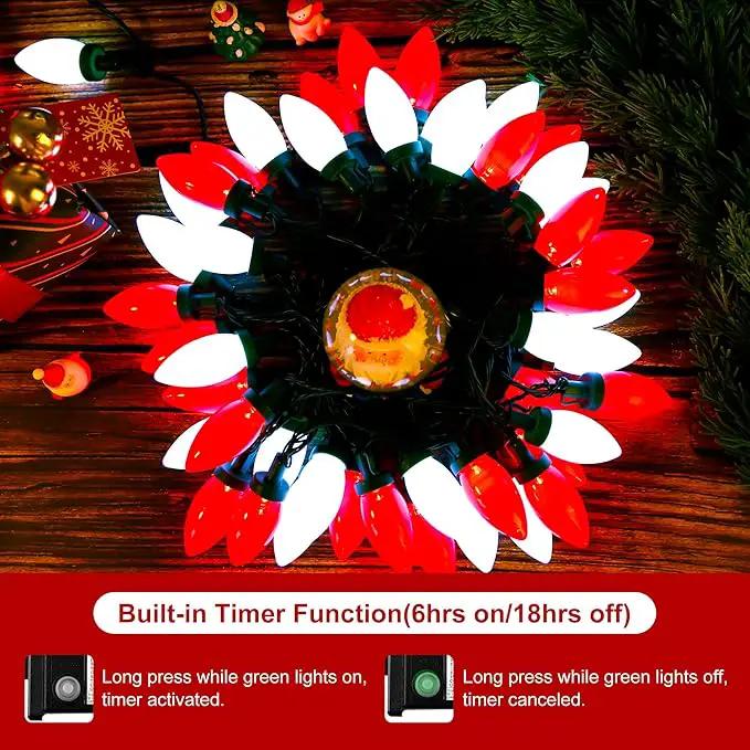 C9 Bulbs Classic Christmas Lights - 50 LED 32ft Strawberry String Light Red&White - Extendable 8 Modes Funtion with Timer Fairy Lighting for Outdoor, Indoor, Party, Home, Tree Decorations by GreenHaven Gardens