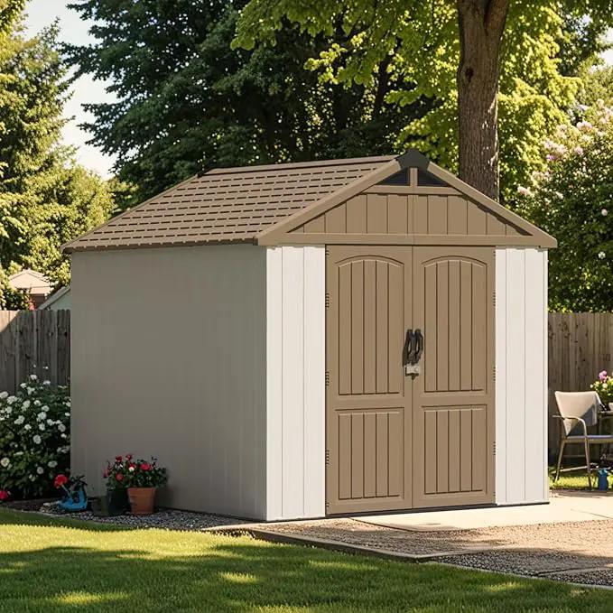 Patiowell 8 x 8 FT Plastic Outdoor Storage Shed with Floor, Resin Shed with Window and Lockable Door for Garden, Backyard, Tool Storage Use, Easy to Install in Brown (Kick-it Shed) by GreenHaven Gardens
