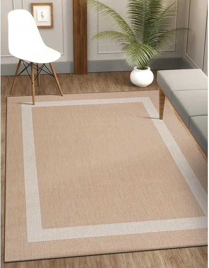 CAMILSON Outdoor Rug 6x9, Modern Outside Rugs for Patios Porches Waterproof Durable Washable Non-Shedding, Easy-to-Clean Indoor Outdoor Area Carpet (6 x 9, Bordered - Beige/White)