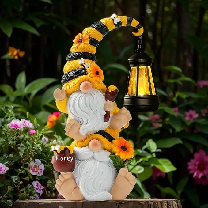 Solar Bee Garden Gnomes with LED Lantern – Waterproof Stacked Outdoor Decor for Yard, Patio – Unique Gnome Gift for Mom, Grandma, Women (Weatherproof Resin Outdoor Statues) by GreenHaven Gardens