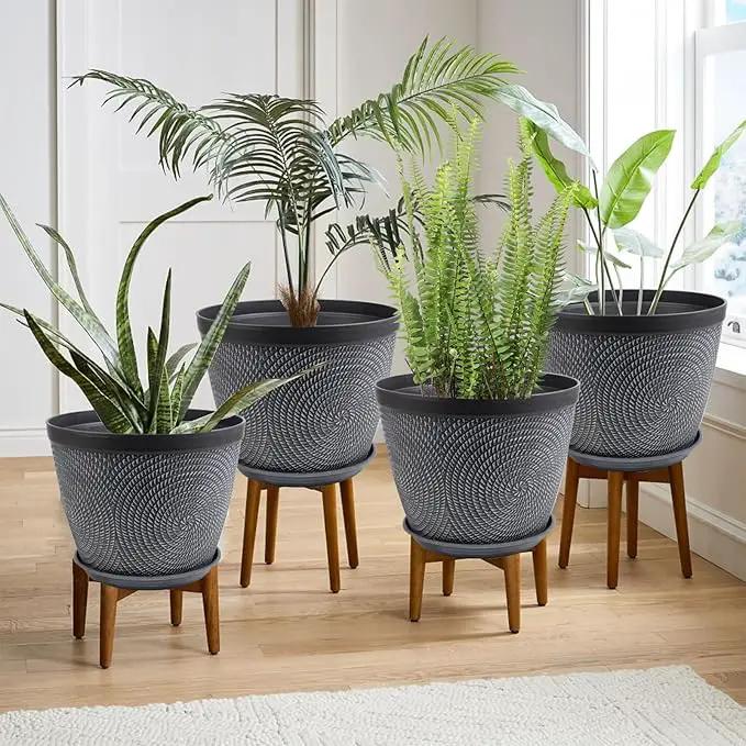 Quarut Large 12 Inch Plant Pot for Plants Outdoor Indoor, 4 Pack Plastic Flower Pots with Drainage Hole & Saucer, Modern Decorative Garden Pot with Saucer, Plant Container for House（Gray） by GreenHaven Gardens