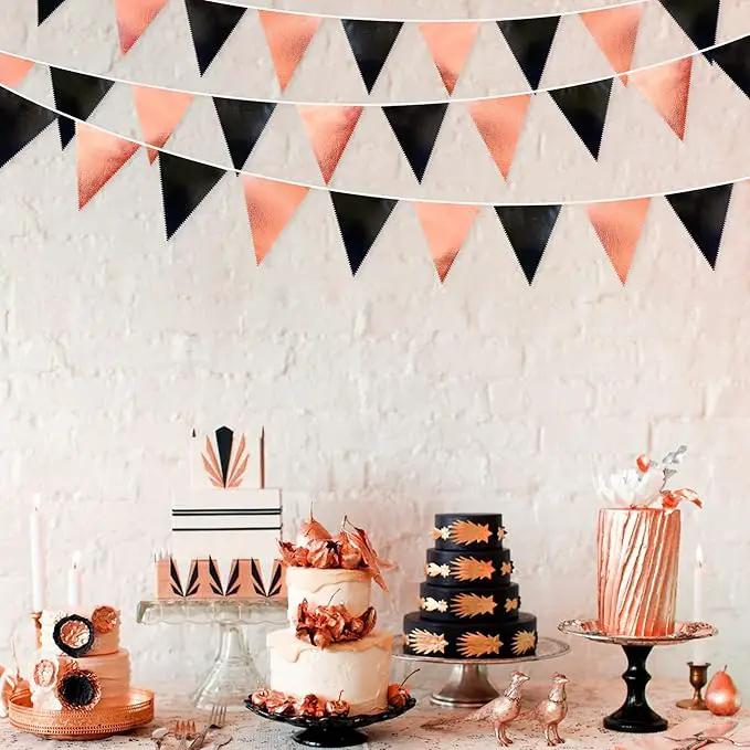 Black Rose Gold Party Decorations Triangle Pennant Banner Flag Rose Gold Black Metallic Fabric Bunting Garland for Graduation Birthday Wedding Engagement Bachelorette Celebration Hen Party Supplies by GreenHaven Gardens