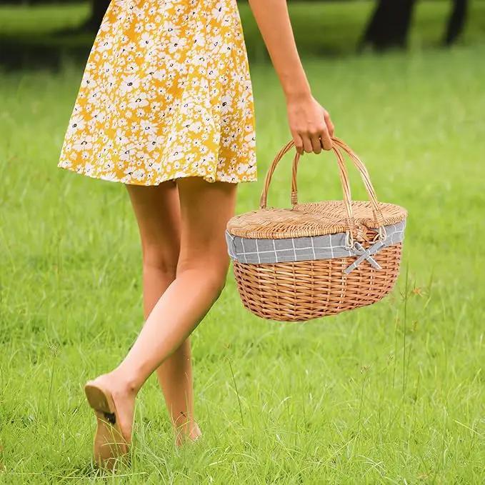 Happypicnic Wicker Picnic Basket with Handle, 15" Large Empty Picnic Basket with Lid & Removable Liner, Vintage Hand Woven Basket for Picnics, Camping, Veg Picking, Mother's Day, Thanksgiving (Check) by GreenHaven Gardens