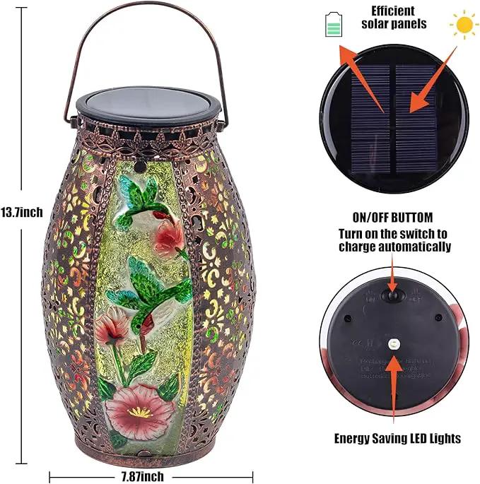 Outdoor Solar Lantern-Waterproof Hummingbird Hanging Metal Decorative Lights for Patio Table Garden Pathway Yard with Super Bright Warm White LED, Large Solar Panels, Auto On/Off by GreenHaven Gardens